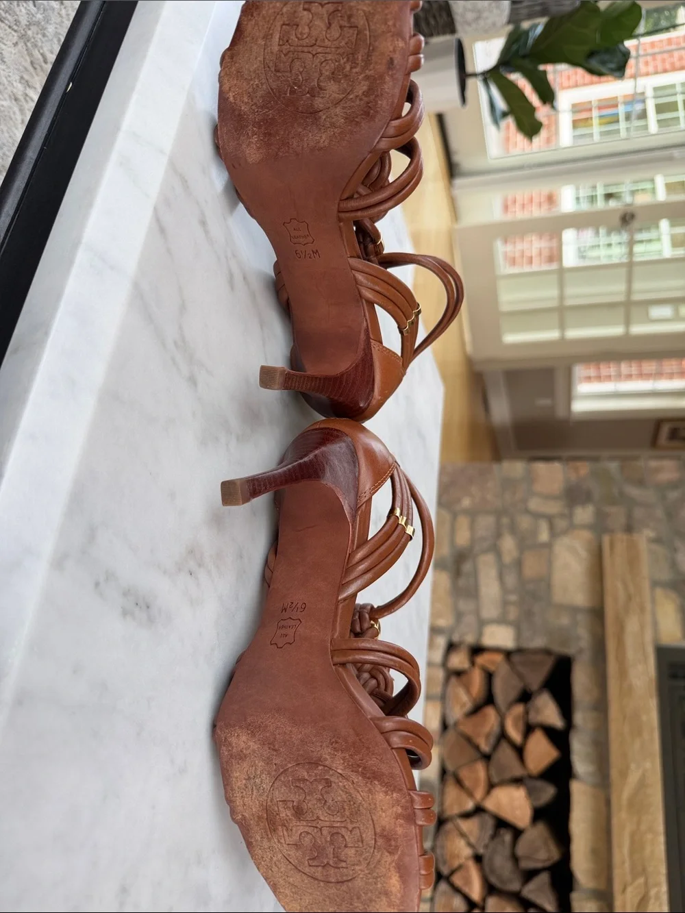 Tory Burch Braided Cognac Leather Strappy High-Heel Sandals